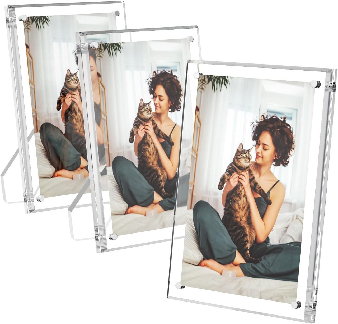 5x7 Acrylic Picture Frames 3 Pack, Clear Picture Frames with Stand, Magnetic Frame Acrylic Lucite Frameless Transparent Cubes Floating Gift